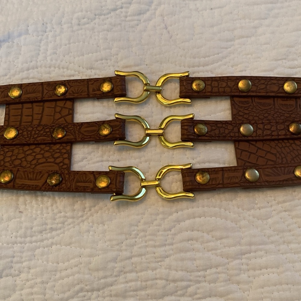 Brown Croc-Embossed Triple Strap Belt with Gold Hardware - Picture 1 of 3
